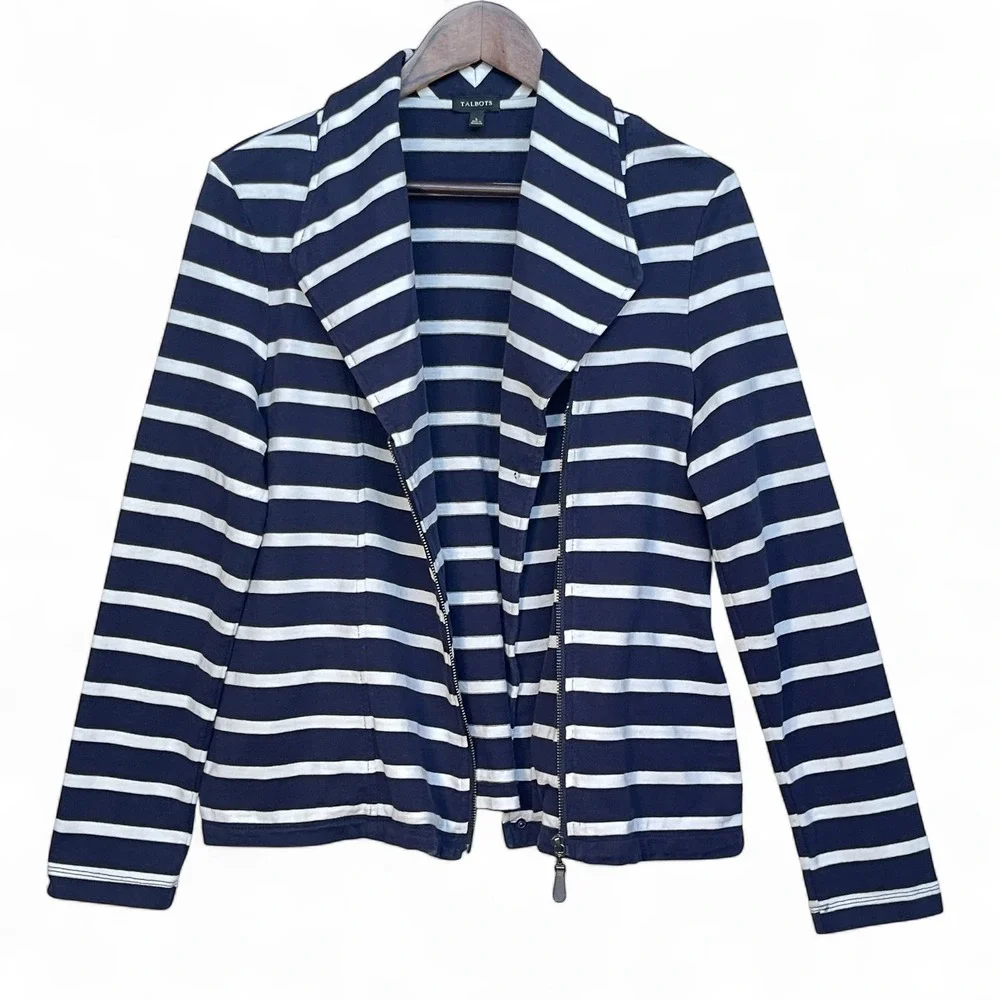 Talbots Womens Navy Blue White Striped Cotton Knit Moto Jacket Size L ID004875 - Picture 4 of 8
